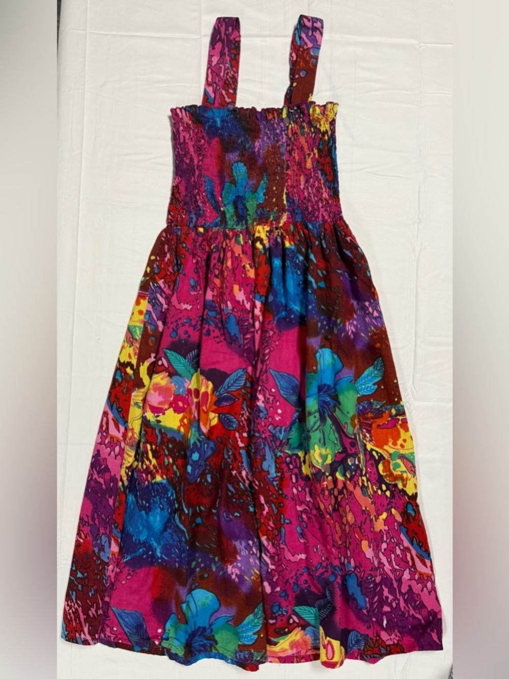 Vintage Bright Abstract Floral Smocked Festival Maxi Dress Size M Boho